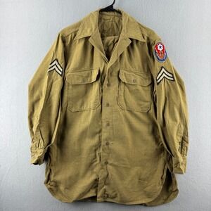 Vintage 40s WWII Wool Field Shirt Mens Medium 21.5x32 Gas Flap Army Military